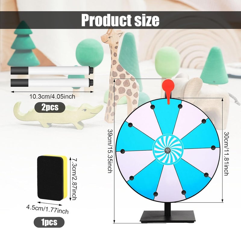 NQEUEPN 12 Inch Spinning Prize Wheel, 10 Slots Tabletop Fortune Wheel Spinner with Stand Raffle Roulette with Dry Erase & Markers for Carnivals, Trade Shows, Holiday Activities, Game (Blue+White) - Image 2